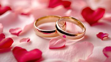 two wedding rings and rose petals
