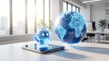 Windows with white robot on top of tablet and blue world globe in an office