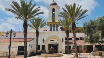 White Building and High Tower, Water Fountain in Front, with Green Palm Trees 