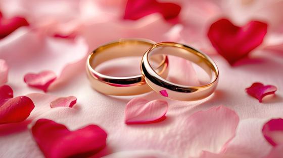 two wedding rings and rose petals