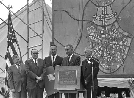 President Lyndon B. Johnson speaking at the dedication of the University of California Irvine campus, June 20, 1964.