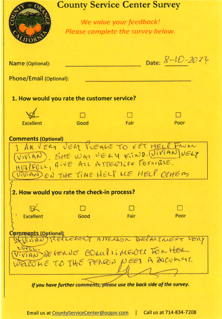 A positive comment card for employee Vivian in Santa Ana.