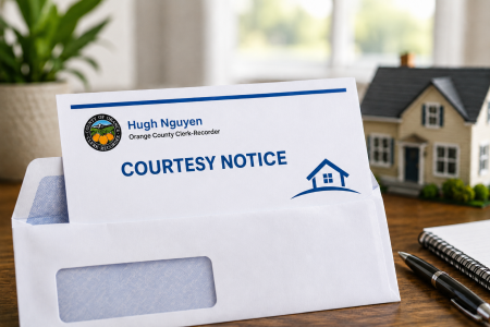 White Envelope with a notice with letter head Hugh Nguyen Clerk Recorder Courtesy Notice and small home. Small model home, white notepad, pen, and green plant in white pot on wooden table with a window and white curtains in the background